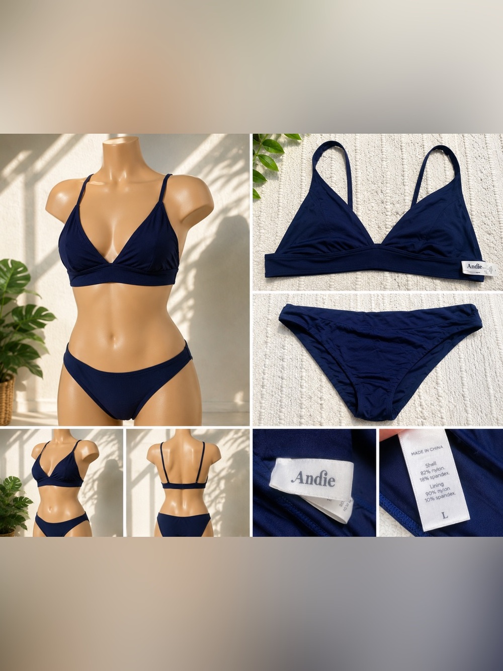 Andie Navy Blue Bikini Set Women’s Size Large Minimalist Triangle Swimwear